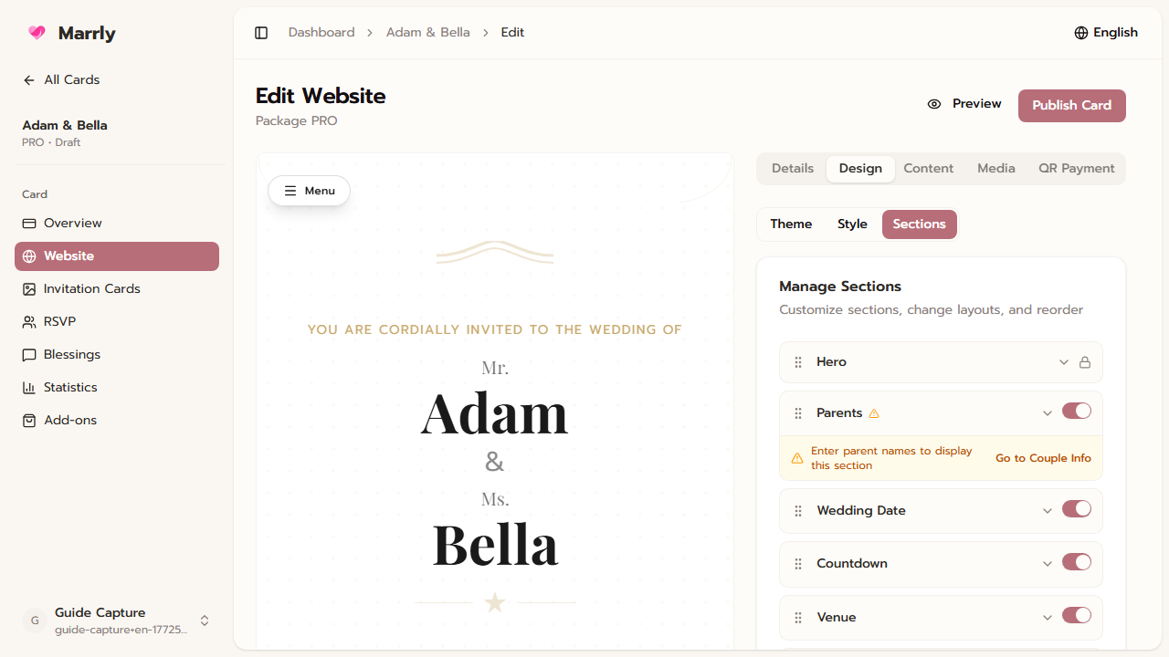 Website card Design tab
