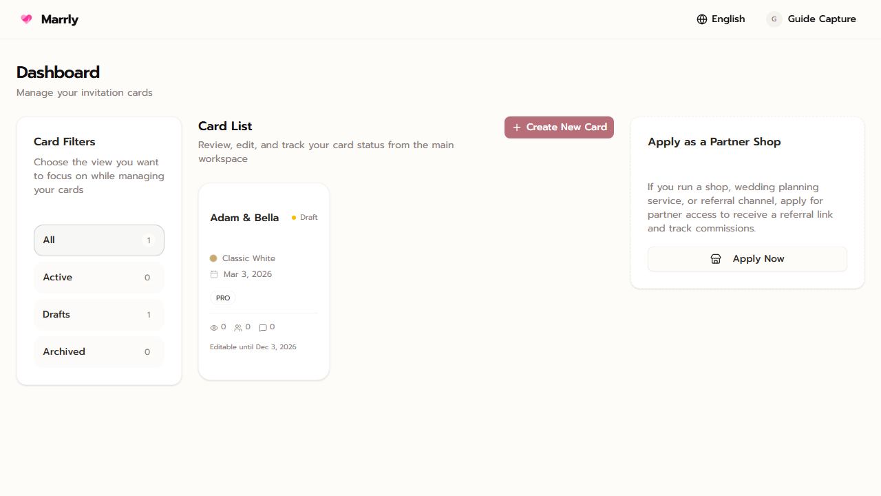 Card list on the Marrly Dashboard