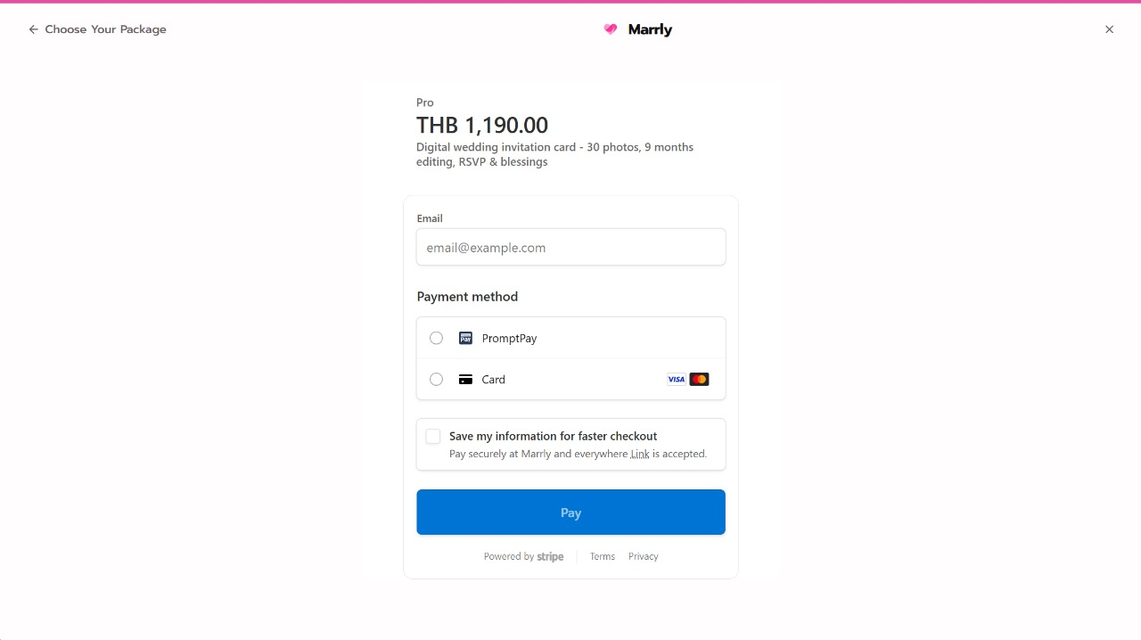 Embedded checkout for Marrly package payment