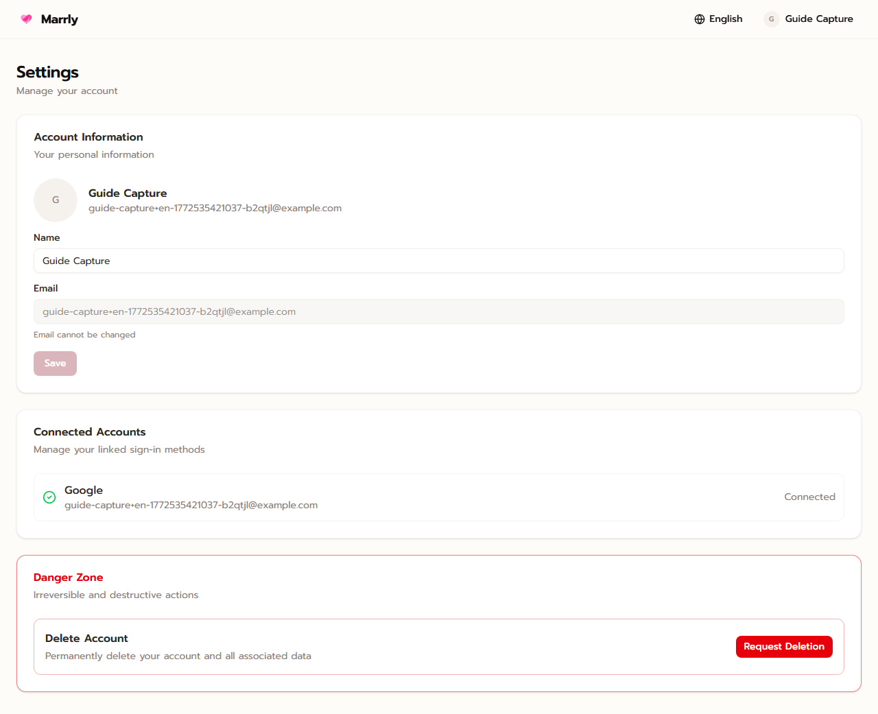 Settings page in the Marrly Dashboard